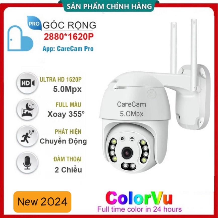 Camera WIFI PTZ CARECAM 5.0MP, Ngoài trời Xoay 360đ, Chống nước, Báo động chống trộm, Chạy App: CARECAMPRO