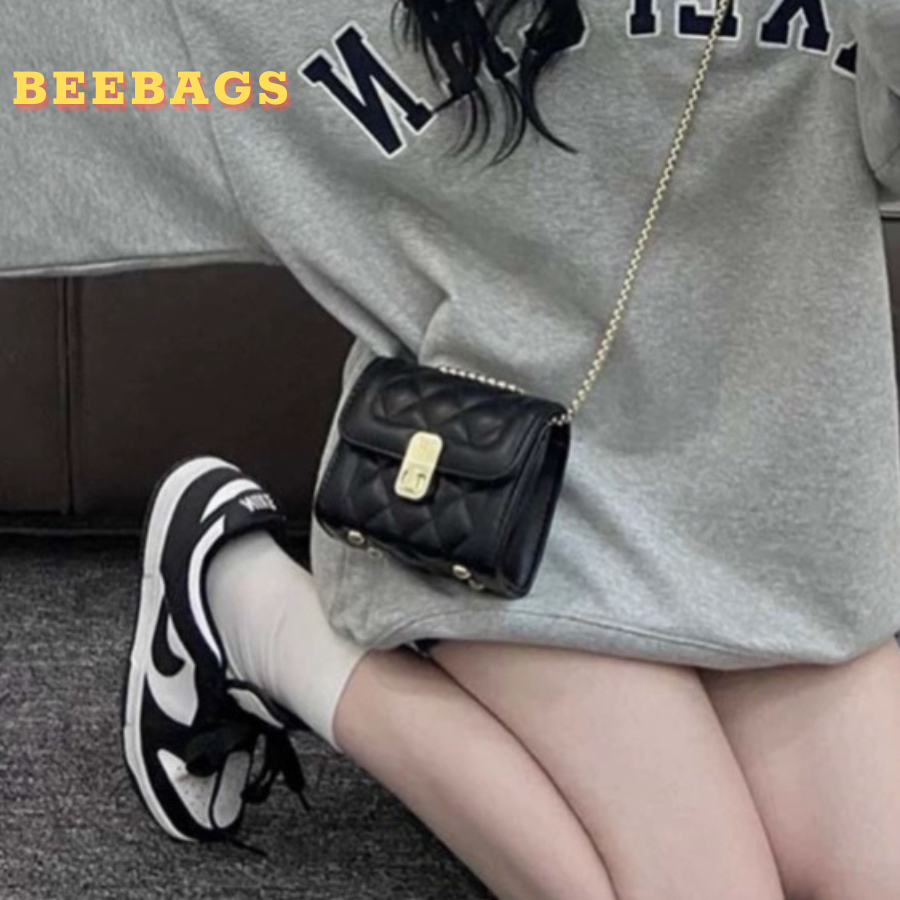Túi Mini Đeo Chéo Dây Xích Sang Chảnh Đựng Son, Thẻ Màu Bạc, Trắng, Đen | TX156 | Túi Da Mini Kẻ Sọc Đi Chơi, Đi Tiệc