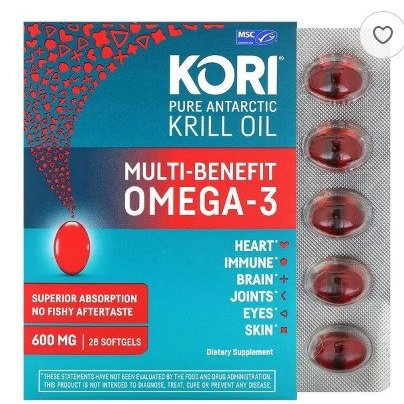 Dầu nhuyễn thể Omega 3 Kori, Pure Antarctic Krill Oil, Multi-Benefit Omega-3, 600 mg, 28 viên