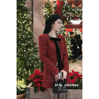 Váy dạ nhung nơ đỏ viền ngọc dáng xuông màu đỏ noel - linh hoàng
