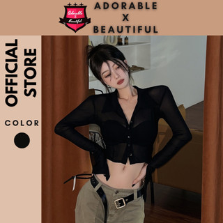 [Clip Thật] Áo Tay Dài Đen Nút Xuyên Thấu Gợi Cảm, Áo Sơ Mi Croptop Thun Mỏng Hot Trend 2024  [AdorablexBeautiful]
