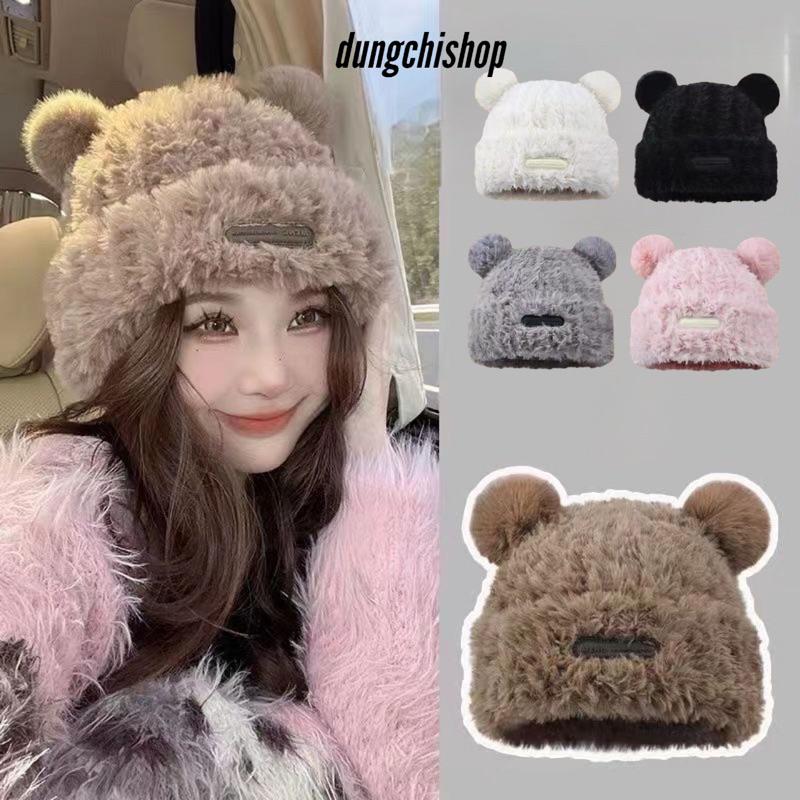 Mũ lông xù nữ quả bông siêu mềm xinh xắn
