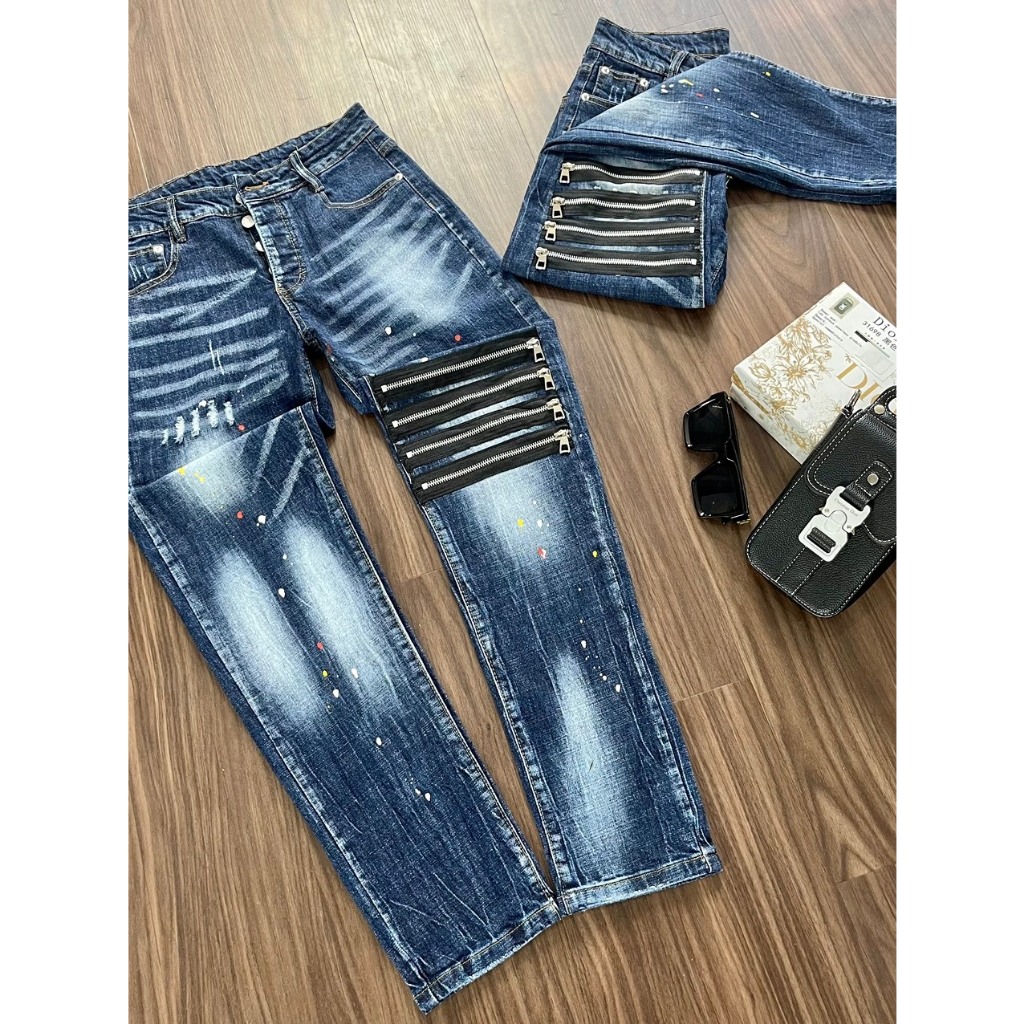 Quần Jeans Nam DSQUAIED2 Cao Cấp Rách Hoạ Tiết 4 Sọc Khoá Phối Màu Sang Chảnh, DSQ 4 KHÓA ĐÙI