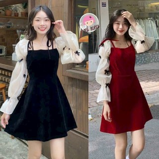 Đầm váy nữ tiểu thư chất nhung cứng tay dài phối voan đính nơ form xòe, thích hợp cho nàng diện đi chơi, đi tiệc