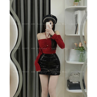 Set áo trễ vai nhún ngực chân váy kim sa bling