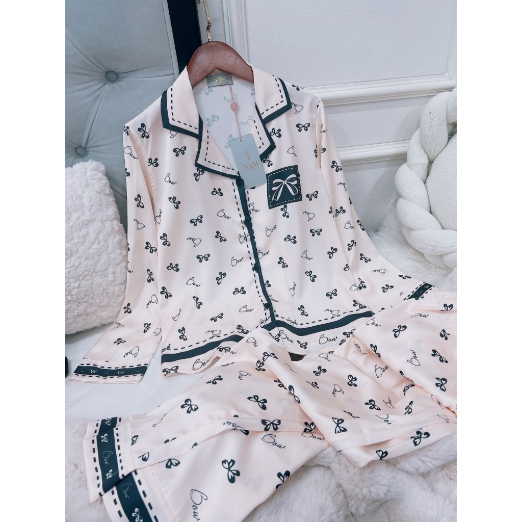 Set lụa pijama Sam Luxury cao cấp, họa tiết nơ đáo siêu xinh, kiểu dài tay quần dào, chất mềm mịn thoáng mát