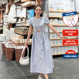 Đầm midi tay ngắn cutout thắt dây eo thời trang GAGO hoạ tiết xanh dương sọc GG4375