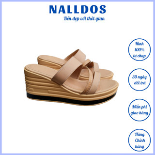Dép 2 quai ngang thêm dây chéo mảnh NALLDOS quai da Microfiber, đế xuồng PU cao 7cm