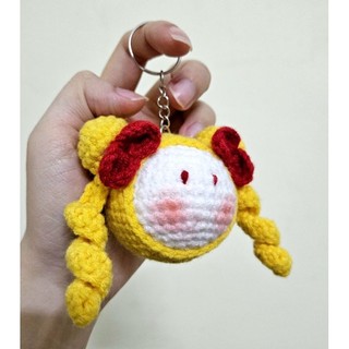 Móc khóa len handmade mochi tóc nơ 2 bên