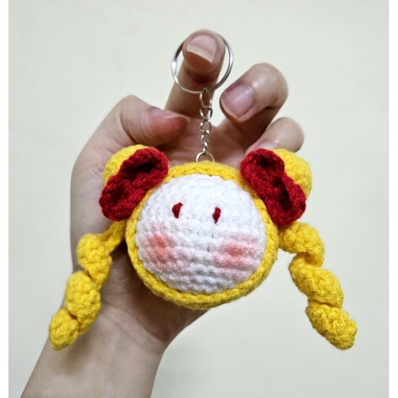Móc khóa len handmade mochi tóc nơ 2 bên