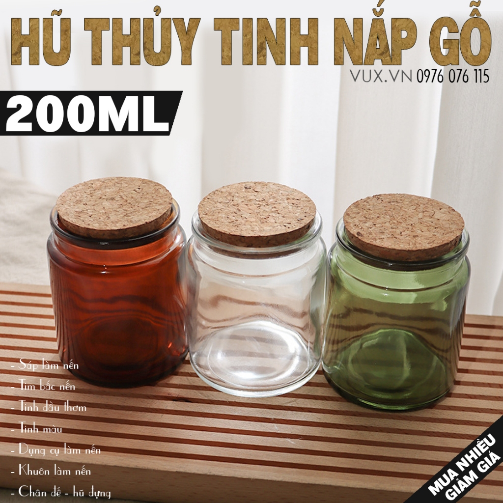 Hũ  200ml Thủy Tinh Nắp Gỗ Đựng Nến - Nguyên Liệu, Dụng Cụ Làm Nến Thơm, Hũ Đựng Gia Vị
