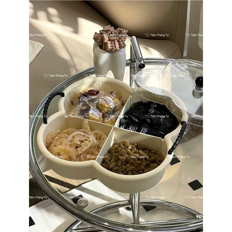 Khay Đựng Bánh Mứt Kẹo, Hoa Quả Hình Hoa Bốn Cánh Có Nắp Đậy