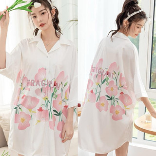 Váy ngủ mặc nhà sơmi lụa Quảng Châu trắng hoa
