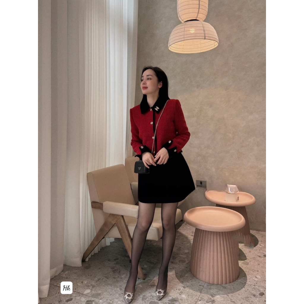 Áo dạ đỏ sang chảnh viền nhung màu đỏ cherry dành cho nữ mặc mùa thu đông đi chơi giáng sinh tết - Thời Trang Bảo Trang