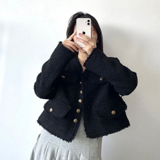 Áo khoác dạ tweed đen dáng vừa kiểu hàn quốc phong cách sang chảnh áo khoác ngoài dạ