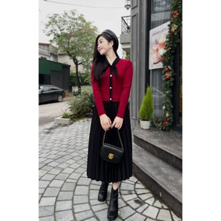  Váy len nữ thiết kế áo len lông thỏ đính nơ và chân váy xếp ly sang trọng thoải mái freesize dưới 60kg - Evalover 