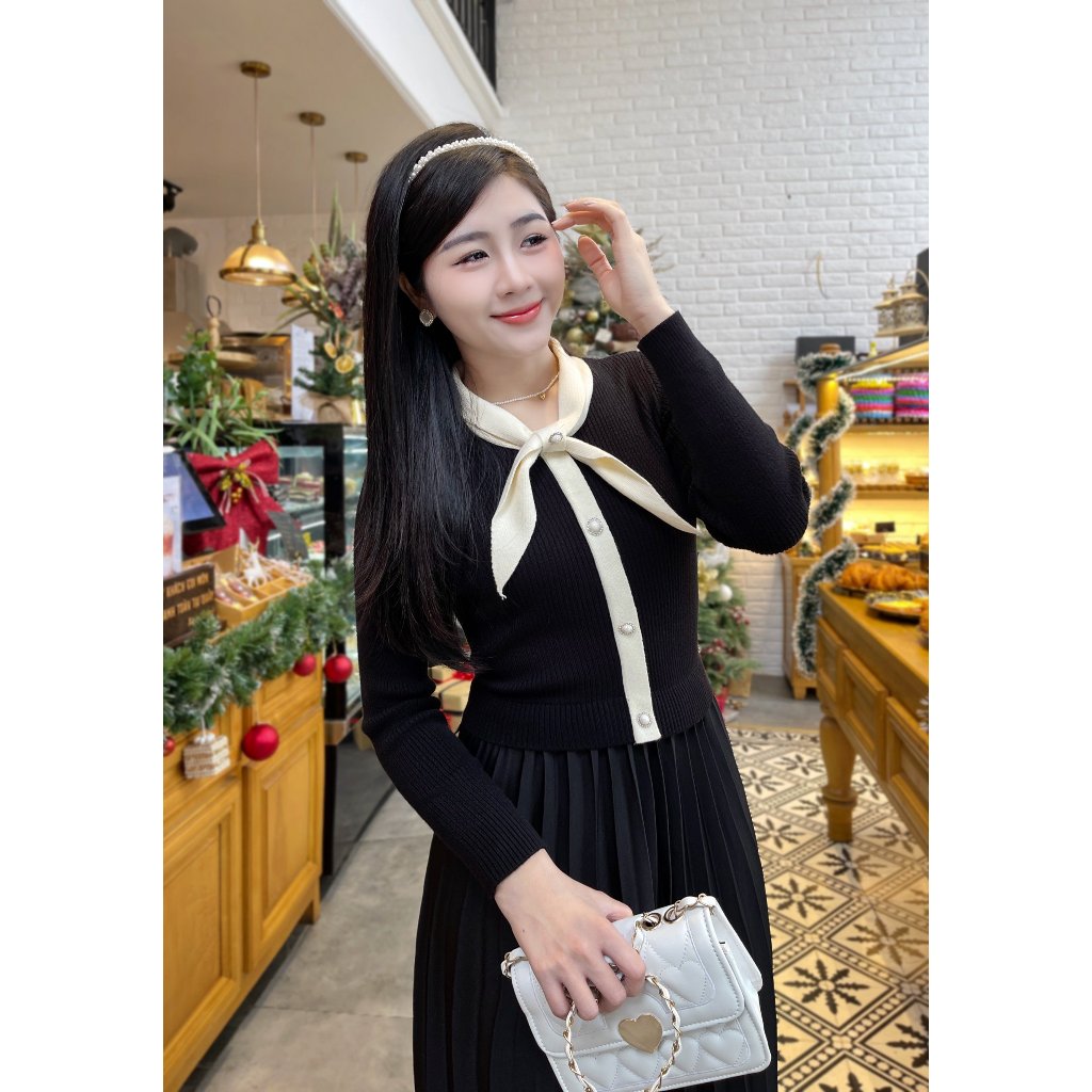 Váy len nữ thiết kế áo len lông thỏ đính nơ và chân váy xếp ly sang trọng thoải mái freesize dưới 60kg - Evalover