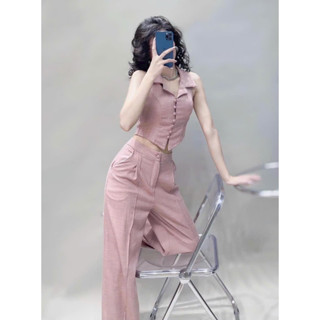 Set bộ thời trang nữ sangn chảnh chất lennin cổ vest không tay đính nút quần dài lưng nút 2 túi ống đứng dài maxxi