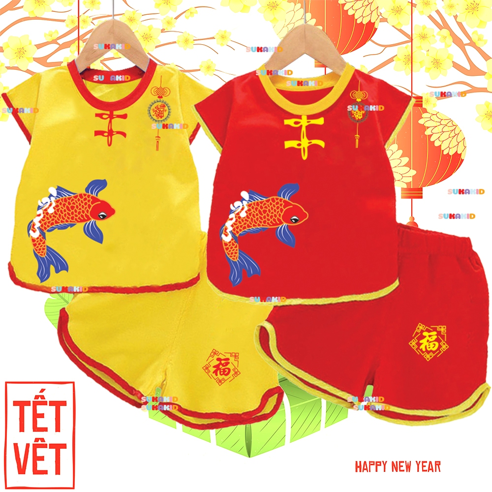 Bộ quần áo tết. bộ nút tàu cá chép xuân cho bé trai bé gái.NT11.