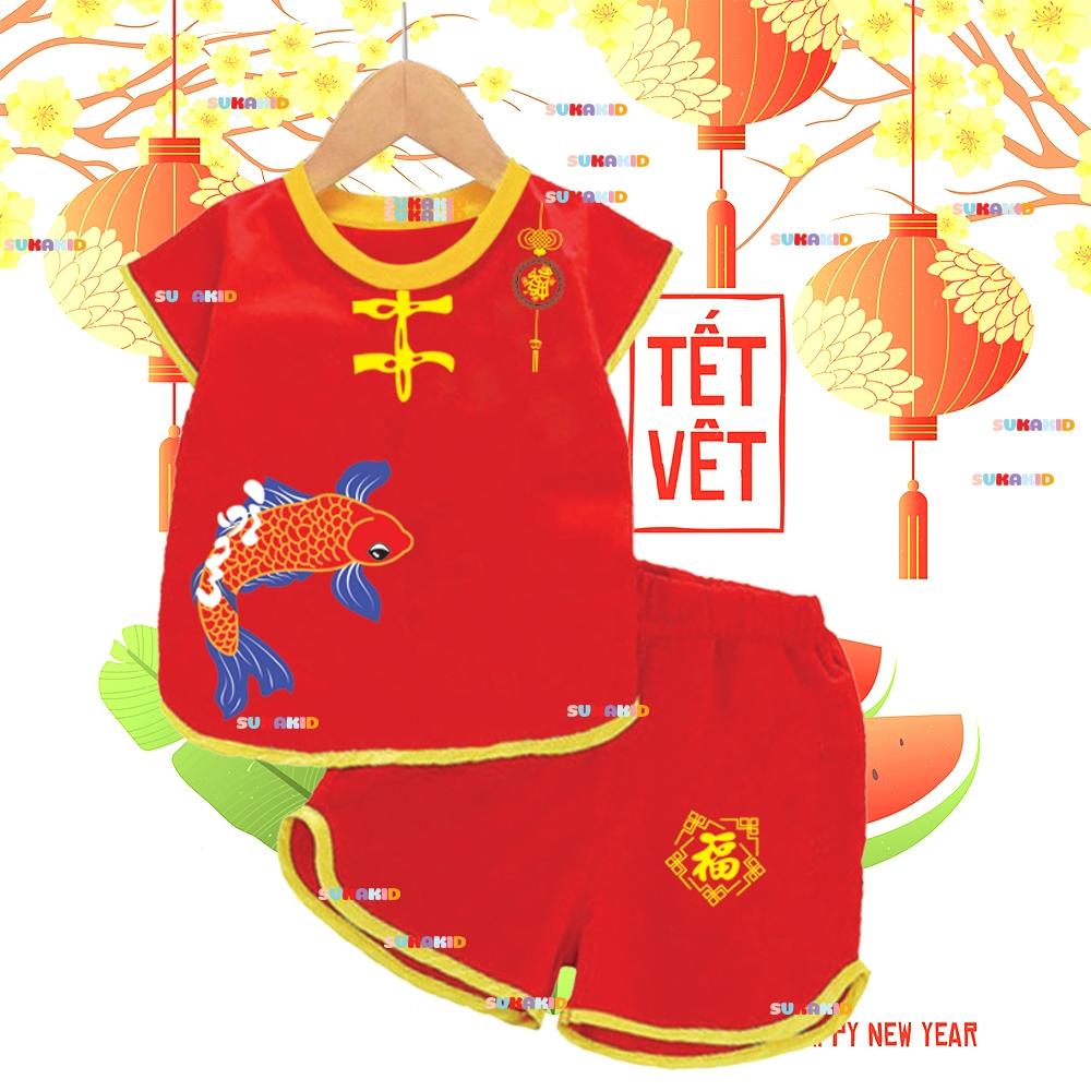 Bộ quần áo tết. bộ nút tàu cá chép xuân cho bé trai bé gái.NT11.