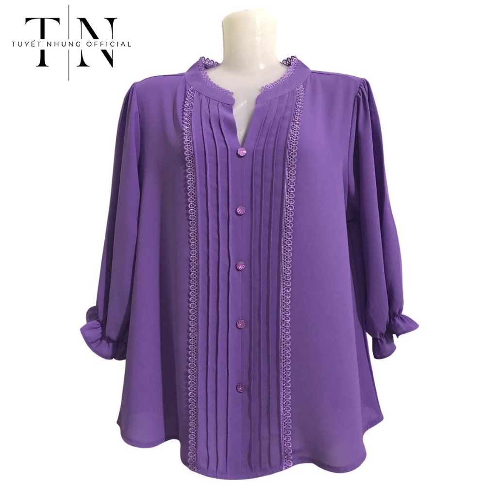 Áo trung niên nữ, áo tặng mẹ, bà, áo sơ mi tay lỡ hiện đại chất voan tằm ý thiết kế mới NY005