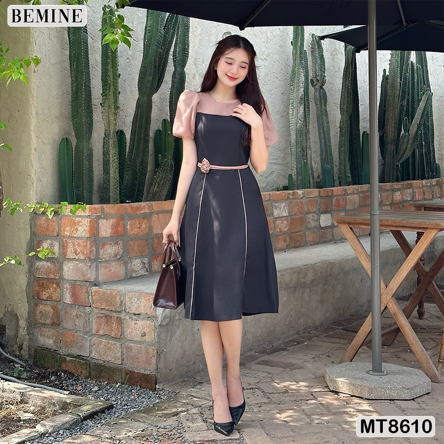 Đầm thiết kế phối tay phồng đính nơ eo BEMINE MT8610