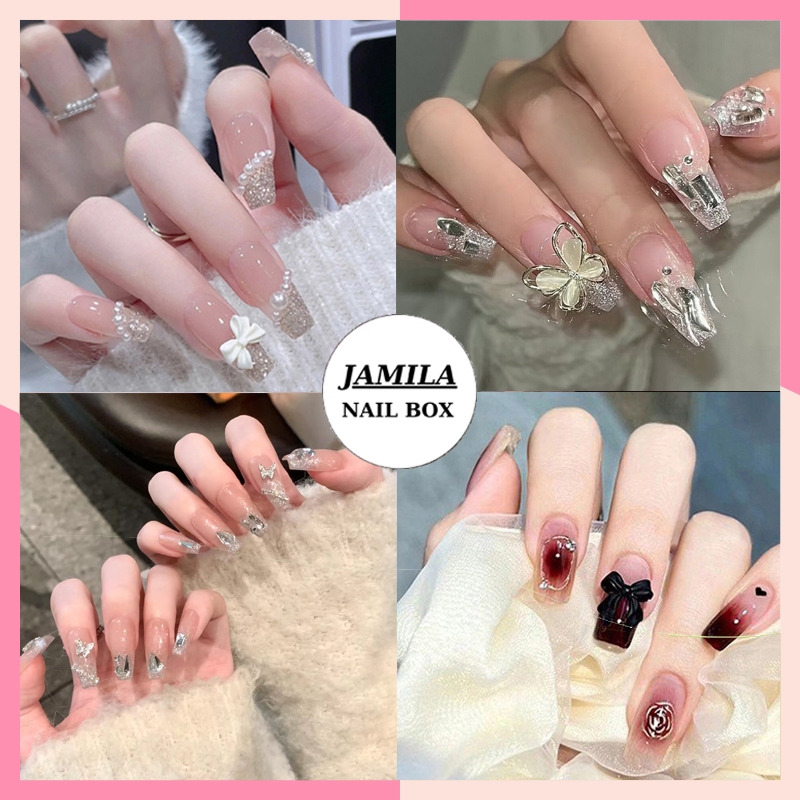 Móng Tay Giả Đính Đá Jamila 24 Móng Hộp Nail Box Đính Nơ Tặng Kèm Phụ Kiện