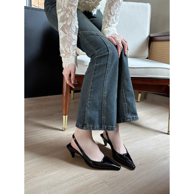 2024 Giày nữ mùa hè hở gót thấp trơn bóng basic, Giày cao gót trơn kiểu Pháp mũi nhọn gót cao vừa quai hậu