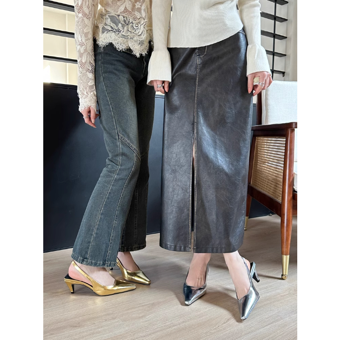 2024 Giày nữ mùa hè hở gót thấp trơn bóng basic, Giày cao gót trơn kiểu Pháp mũi nhọn gót cao vừa quai hậu