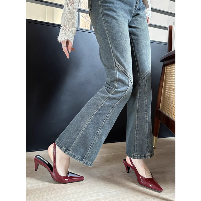 2024 Giày nữ mùa hè hở gót thấp trơn bóng basic, Giày cao gót trơn kiểu Pháp mũi nhọn gót cao vừa quai hậu