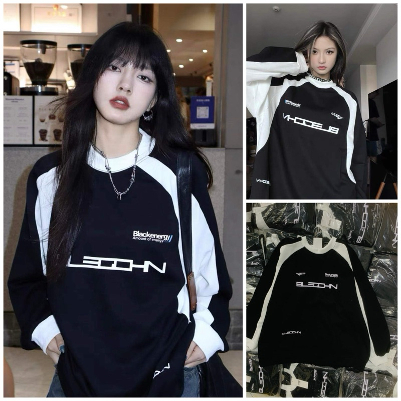 Áo Sweater SPOW Unisex Nỉ form rộng tay bồng oversize cổ tròn đen trắng Basic nam nữ cực chất