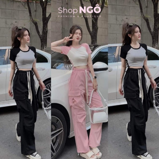 Set bộ đồ nữ áo croptop rút dây eo mix quần phối túi với 2 tone màu xinh xắn dành cho các nàng đi chơi hot 2023 SHOPNGOO
