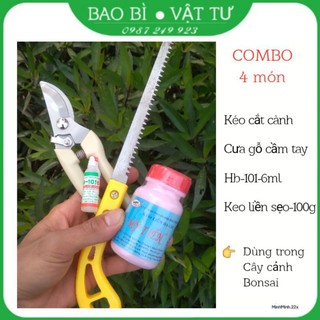 Combo 4 đồ, kéo cắt tỉa cành cây,cưa gỗ cầm tay,keo liền sẹo và lọ hb-101 siêu kích rễ .