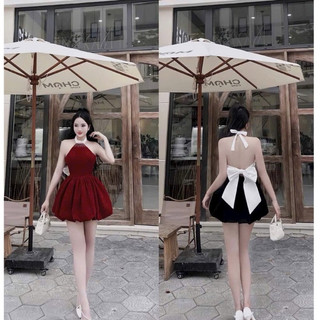 đầm yếm bí nhung cổ viền trắng cột nơ nơ lưng đính hạt ly go