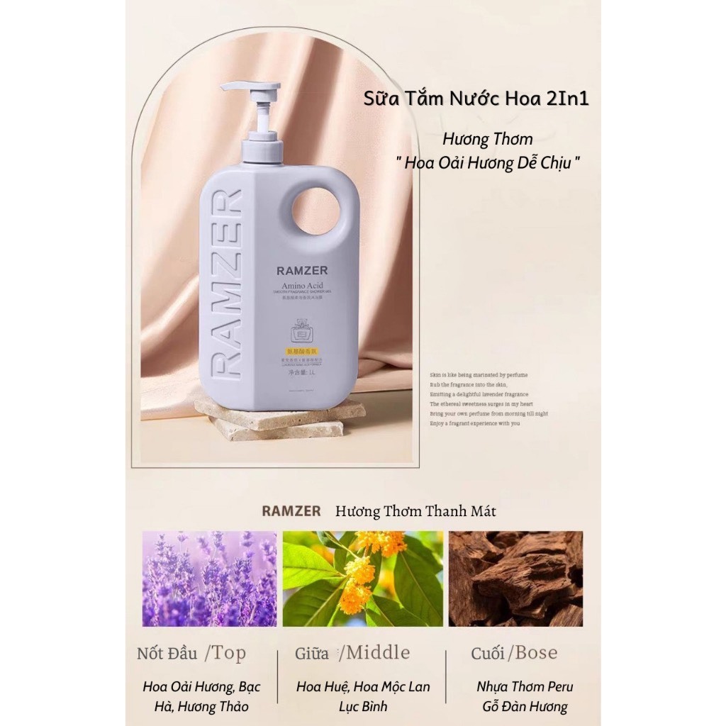Sữa tắm nước hoa 2in1 Amino Acid Ramzer Hương Thơm Thanh Mát - Ngọt Ngào Làm Sạch Da, Giúp Da Dưỡng Ẩm Mềm Mịn
