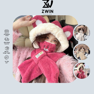 Mũ Khăn Vắt Chéo Kèm Khẩu Trang ❤️ Nón Lông Tai Gấu 3 In 1 Giữ Ấm Mùa Đông Form Unisex Nam Nữ N210 - Zwin