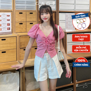 Áo Kiểu Nữ Rút Dây Giữa Cổ V Tay Ngắn Phong Cách Nữ Tính Dễ Thương GAGO GA4487