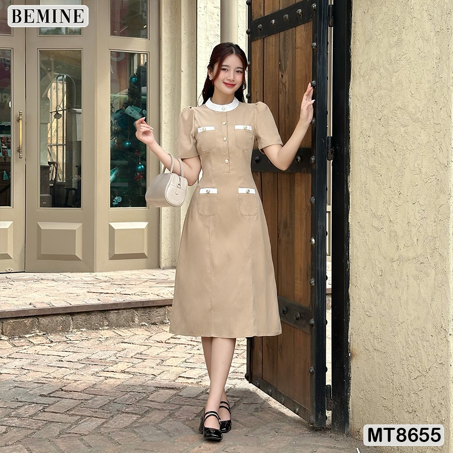 Đầm thiết kế cổ tròn phối đính nút BEMINE MT8655