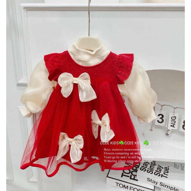 Váy nhung bé gái size 10-20kg, váy nhung kết hợp với áo cotton cổ cao tay bồng bao đẹp, váy nhung đính nơ công chúa