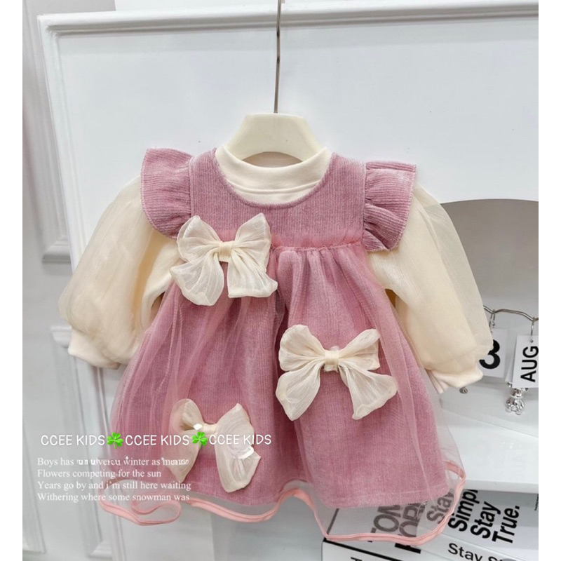 Váy nhung bé gái size 10-20kg, váy nhung kết hợp với áo cotton cổ cao tay bồng bao đẹp, váy nhung đính nơ công chúa