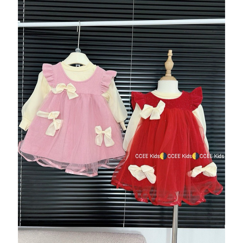 Váy nhung bé gái size 10-20kg, váy nhung kết hợp với áo cotton cổ cao tay bồng bao đẹp, váy nhung đính nơ công chúa