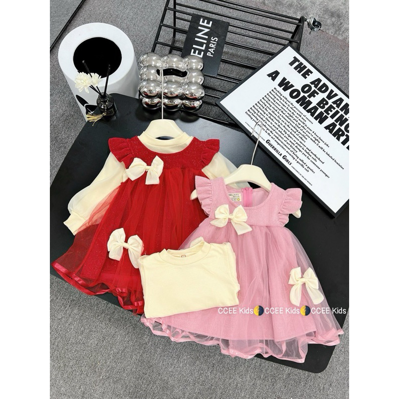 Váy nhung bé gái size 10-20kg, váy nhung kết hợp với áo cotton cổ cao tay bồng bao đẹp, váy nhung đính nơ công chúa
