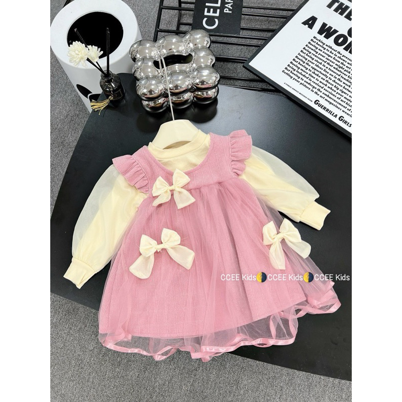 Váy nhung bé gái size 10-20kg, váy nhung kết hợp với áo cotton cổ cao tay bồng bao đẹp, váy nhung đính nơ công chúa