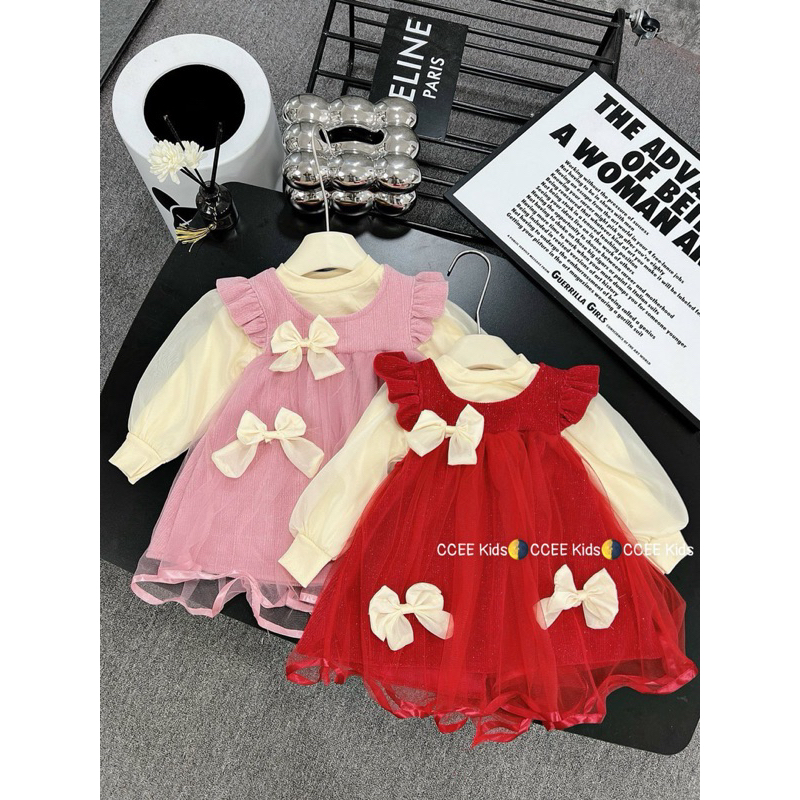 Váy nhung bé gái size 10-20kg, váy nhung kết hợp với áo cotton cổ cao tay bồng bao đẹp, váy nhung đính nơ công chúa