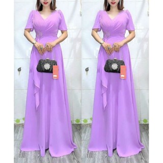 Đầm dạ hội trung niên đi tiệc voan cổ đắp cài eo phối bèo che bụng bigsize 75kg, Đầm dạ hội trung niên voan giấu bụng