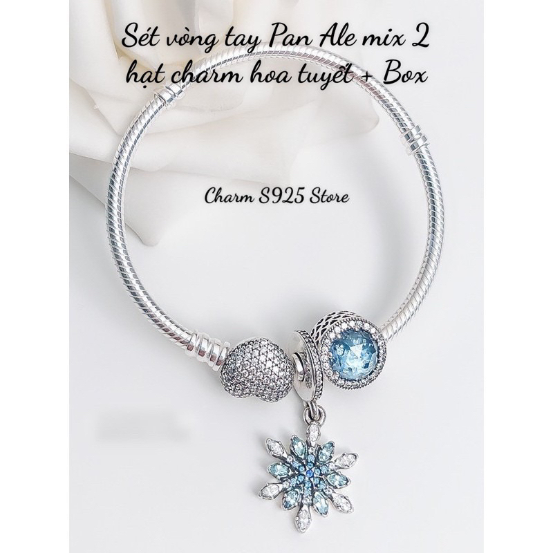 combo bộ vòng tay charm pan mềm mix 2 hạt đính đá hoa tuyết bạc s925