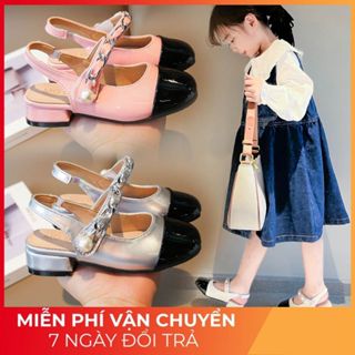 Giày da bóng hở gót quai đính hạt HOT 2025 mã V85 Quảng Châu cao cấp cho bé gái 3 tuổi đến 15 tuổi