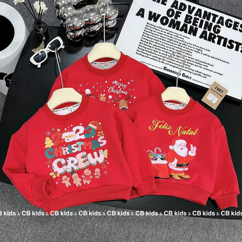 Áo nỉ đỏ Noel cho bé trai và bé gái. Áo giáng sinh 2023 có thể kết hợp với nhiều loại quần, chân váy. Size 10-30kg.