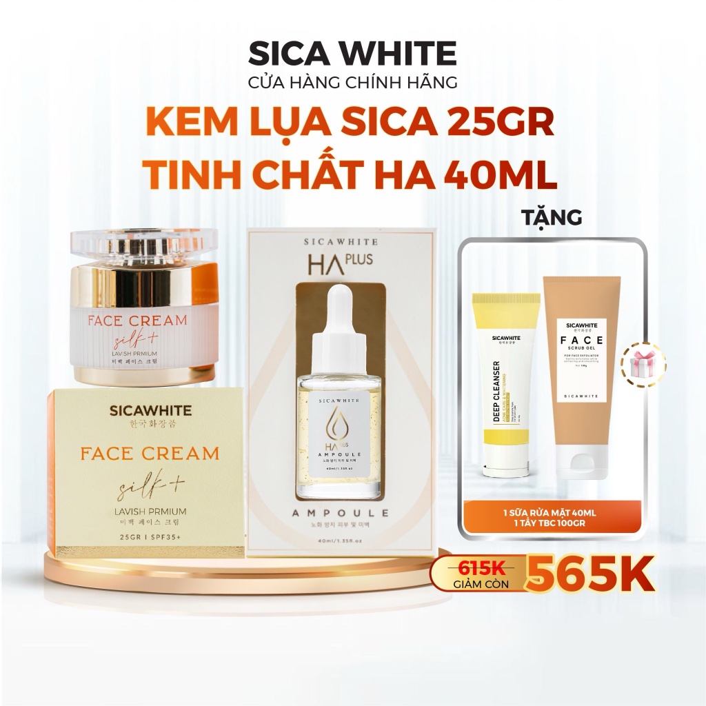 Combo Kem Sica White Kem Face Lụa 25G Và Serum Cấp Ẩm HA Plus 40Ml (Tặng TBC 100G, Sữa Rửa Mặt 40G) - SICA WHITE