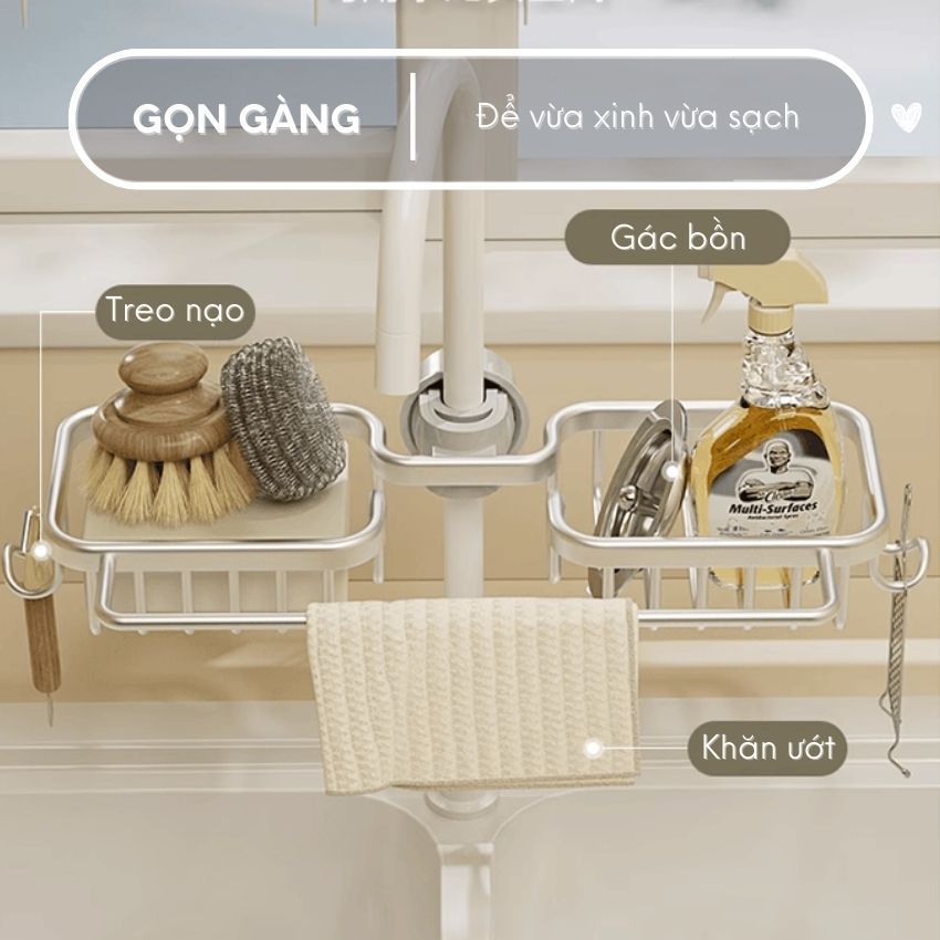 Khay gắn vòi nước bồn rửa bát FEEKA nhôm cao cấp, giá để đồ treo vòi nước phòng tắm đa năng